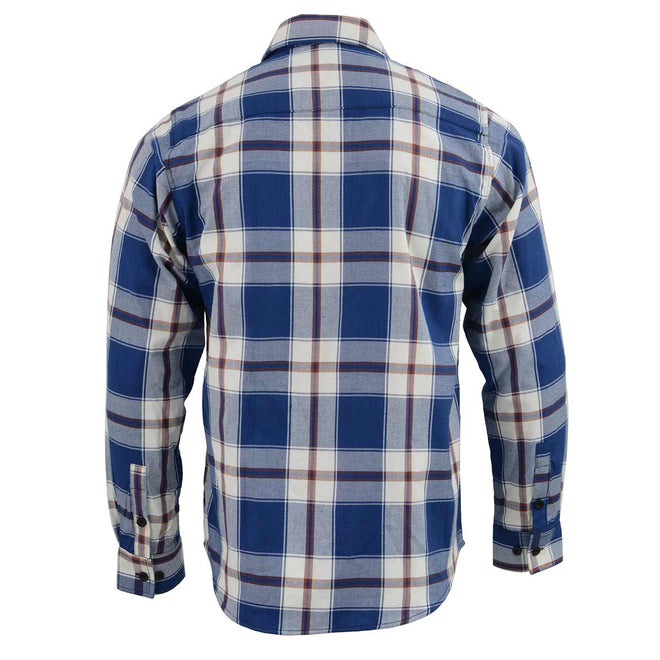 Milwaukee Leather men's blue long sleeve cotton flannel shirt with white and maroon accents, casual textile clothing.