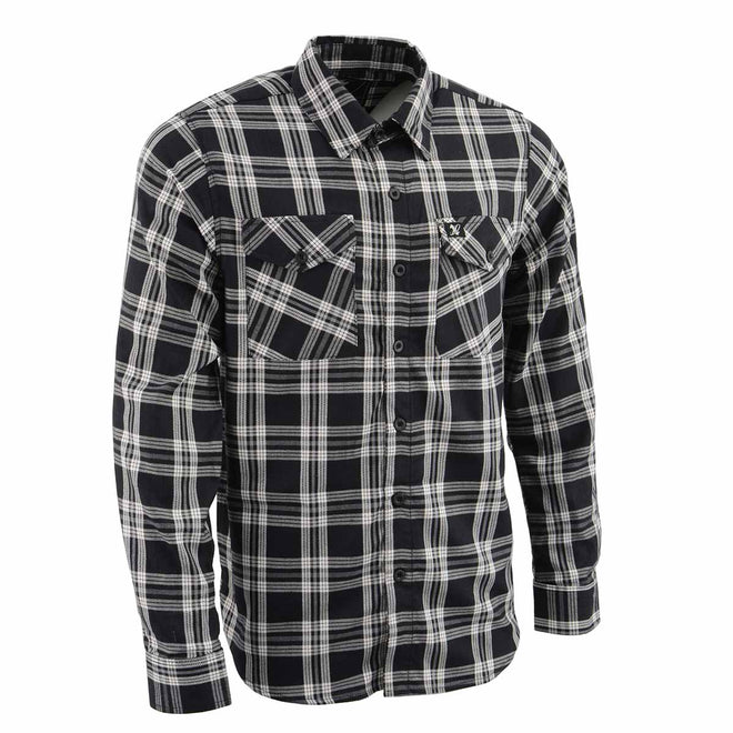 Milwaukee Leather men's black and white long sleeve cotton flannel shirt, textile clothing with button front and plaid pattern.