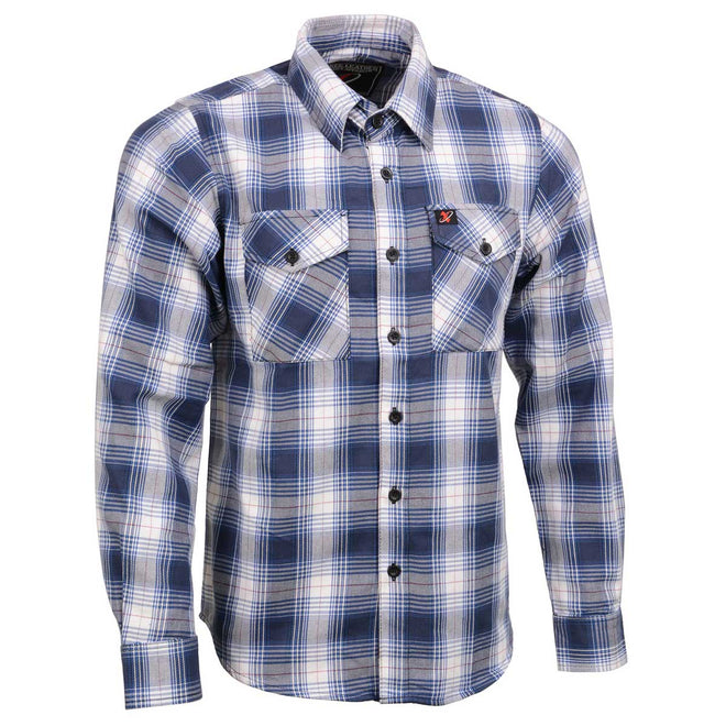 Milwaukee Leather men's long sleeve cotton flannel shirt in blue and white with a button-down design and classic collar.
