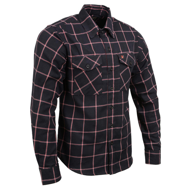 Milwaukee Leather men's black and red long sleeve cotton flannel shirt, stylish textile clothing with button-up front and chest pockets.