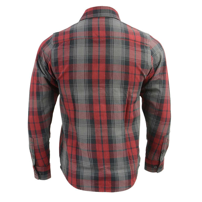 Milwaukee Leather men's long sleeve flannel shirt in black, grey, and red cotton fabric, casual textile clothing.