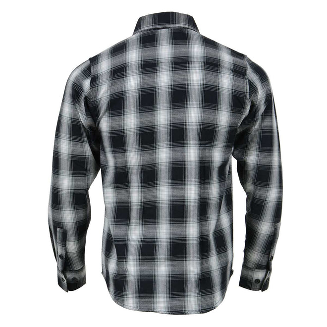 Milwaukee Leather men's black and white long sleeve cotton flannel shirt, casual textile clothing with button-up front.