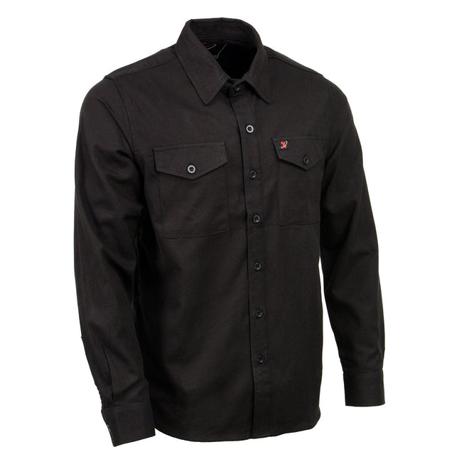 Milwaukee Leather men's black long sleeve cotton flannel shirt, solid color, button-up style with collar and chest pocket.