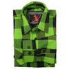 Milwaukee Leather men's black and neon-green long sleeve cotton flannel shirt, close-up view showing fabric and design details.