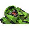 Milwaukee Leather men's black and neon-green long sleeve cotton flannel shirt with a close-up view of fabric texture and design.