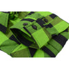 Milwaukee Leather men's black and neon-green long sleeve cotton flannel shirt, close-up view showing fabric texture and color details.