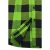 Milwaukee Leather men's black and neon-green long sleeve cotton flannel shirt, close-up view of fabric and design details.
