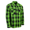 Milwaukee Leather men's black and neon-green long sleeve cotton flannel shirt with button front and plaid pattern.