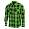 Milwaukee Leather men's black and neon-green long sleeve cotton flannel shirt with button-up front and classic collar.