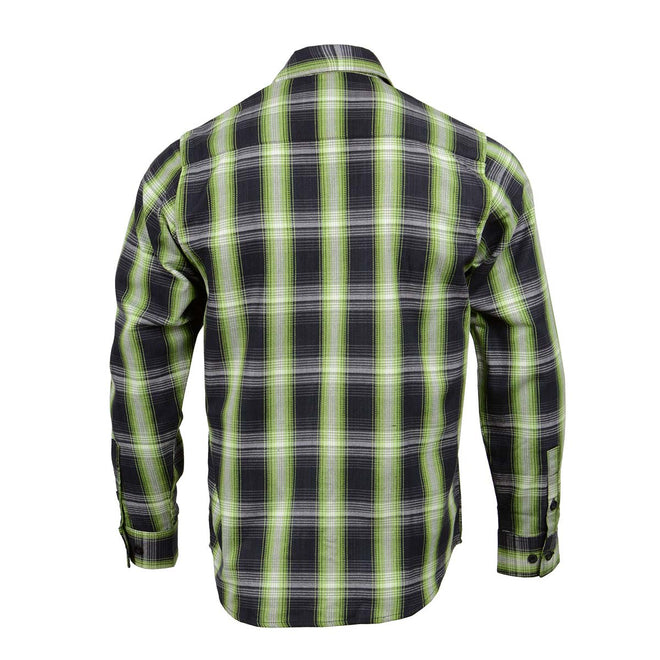 Milwaukee Leather men's long sleeve cotton flannel shirt in black, green, and white with a button-up design and plaid pattern.