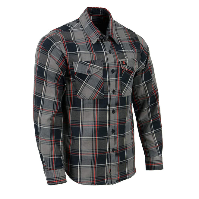 Milwaukee Leather men's long sleeve cotton flannel shirt in black, grey, and red with a button-up design and classic collar.