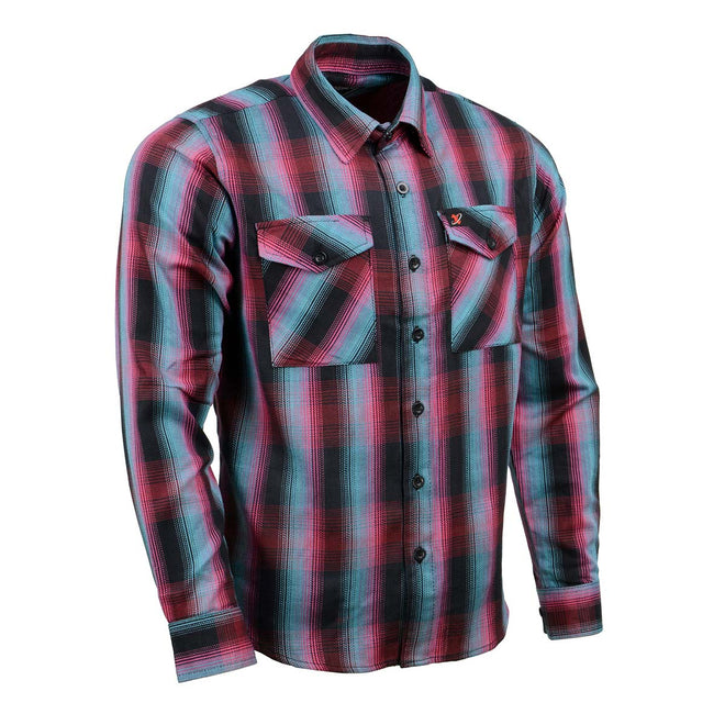 Milwaukee Leather men's long sleeve cotton flannel shirt in black, pink, and blue with button-up front and collar.