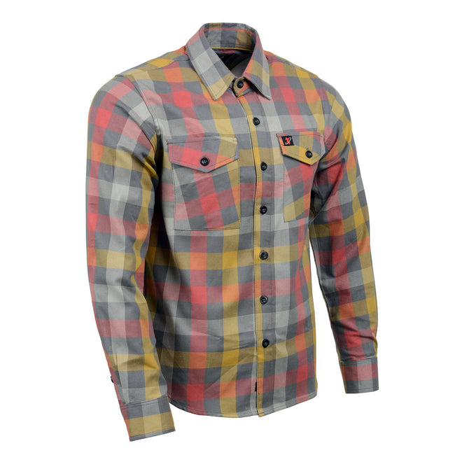 Milwaukee Leather men's long sleeve cotton flannel shirt in gray, red, and yellow with button-up front and collar.
