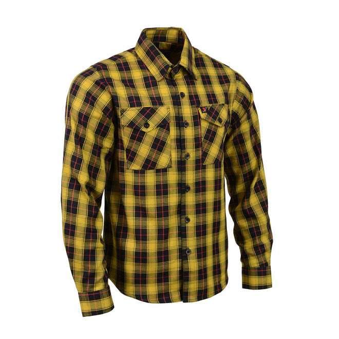 Milwaukee Leather men's long sleeve cotton flannel shirt in black, red, and yellow with button-up front and collar.