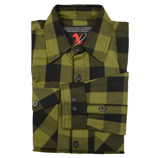 Milwaukee Leather Men's Flannel Shirt - Black & Green Plaid Long Sleeve Cotton Shirt