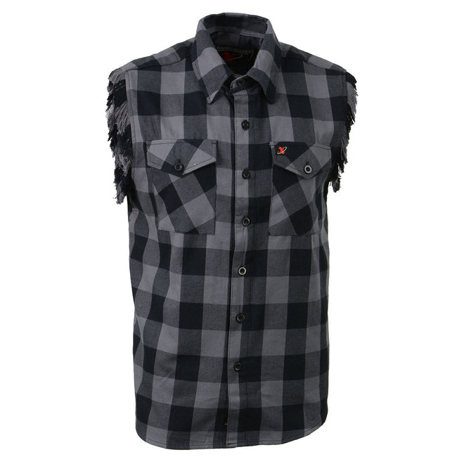 Milwaukee Leather men's black and red cut-off flannel shirt, textile clothing with a casual, rugged style, displayed on a hanger.