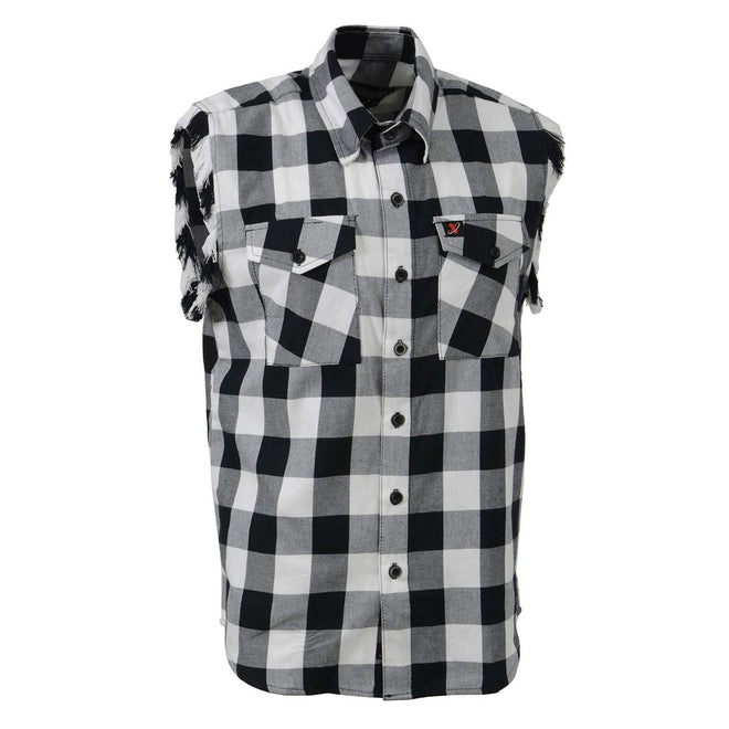 Milwaukee Leather men’s black and white cut-off flannel shirt with button-up front and classic plaid design.