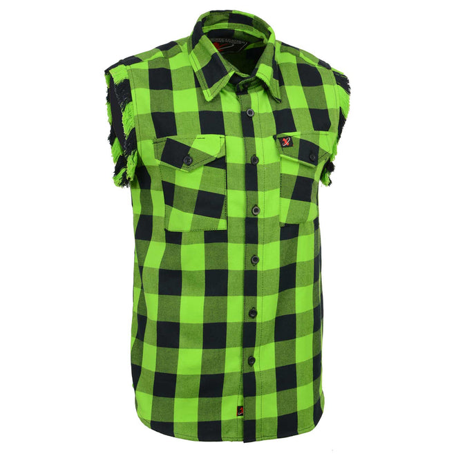 Milwaukee Leather men's checkered black and green cut-off flannel shirt, textile clothing, casual style, front view.