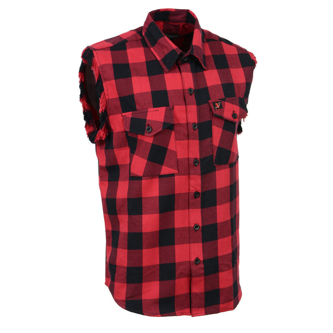 Milwaukee Leather men's black and red cut-off flannel shirt, casual textile clothing with button-up front and plaid pattern.