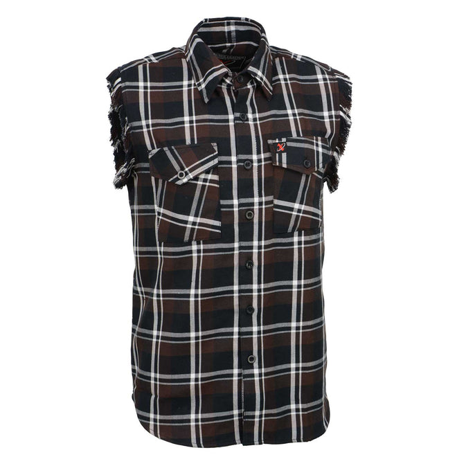 Milwaukee Leather men's checkered black, brown, and white flannel shirt with cut-off sleeves, casual textile clothing.