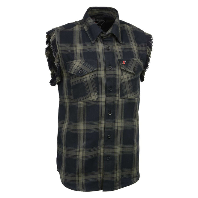 Milwaukee Leather men's checkered black and dark grey cut-off flannel shirt, textile clothing with a casual, relaxed fit.