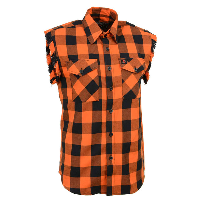 Milwaukee Leather men's checkered black and orange cut-off flannel shirt, casual textile clothing, displayed on a hanger.