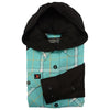 Milwaukee Leather women's black and teal long sleeve cotton flannel shirt with hoodie, casual textile clothing, close-up view.