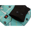 Milwaukee Leather NexGen MNG21601 women's casual black and teal long sleeve cotton flannel shirt with hoodie, close-up view