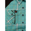 Milwaukee Leather NexGen MNG21601 women's black and teal long sleeve cotton flannel shirt with hoodie, close-up view of fabric and design.
