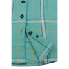 Milwaukee Leather NexGen MNG21601 women's black and teal long sleeve cotton flannel shirt with hoodie, close-up view.