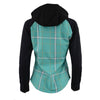 Milwaukee Leather women's black and teal long sleeve cotton flannel shirt with hoodie, casual textile clothing, back view.