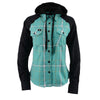 Milwaukee Leather women's black and teal long sleeve cotton flannel shirt with hoodie, casual textile clothing, front view.