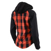 Milwaukee Leather women's casual long sleeve black and red cotton flannel shirt with hoodie, displayed on a hanger.