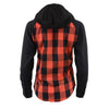 Milwaukee Leather women's black and red long sleeve cotton flannel shirt with hoodie, casual textile clothing.