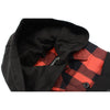 Milwaukee Leather NexGen MNG21602 women's black and red long sleeve cotton flannel shirt with hoodie, close-up view.