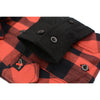 Milwaukee Leather NexGen MNG21602 women's casual black and red long sleeve cotton flannel shirt with hoodie, close-up view.