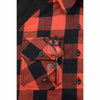 Milwaukee Leather Women's black and red long sleeve cotton flannel shirt with hoodie, casual textile clothing, close-up view.