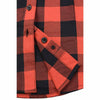 Milwaukee Leather women's casual black and red long sleeve cotton flannel shirt with hoodie, close-up view of fabric and design.