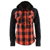 Milwaukee Leather women's casual black and red long sleeve cotton flannel shirt with hoodie, displayed on a hanger.