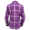 Milwaukee Leather NexGen MNG21605 women's casual long sleeve flannel shirt in purple and white cotton fabric, displayed flat.