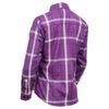 Milwaukee Leather NexGen MNG21605 women's casual purple and white long sleeve cotton flannel shirt laid flat.