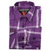 Milwaukee Leather women's casual purple and white long sleeve cotton flannel shirt, close-up view of fabric and design.