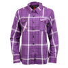 Milwaukee Leather women's casual long sleeve flannel shirt in purple and white cotton, featuring a comfortable, relaxed fit.