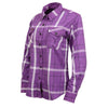 Milwaukee Leather NexGen MNG21605 women's casual long sleeve cotton flannel shirt in purple and white, displayed flat.