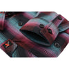 Milwaukee Leather women's long sleeve cotton flannel shirt in black, pink, and blue with a close-up view of the fabric and design.