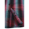 Milwaukee Leather women's long sleeve cotton flannel shirt in black, pink, and blue with a close-up view of the fabric and design.
