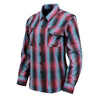 Milwaukee Leather women's long sleeve cotton flannel shirt in black, pink, and blue featuring a casual, comfortable textile clothing design.