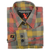 Milwaukee Leather women's long sleeve cotton flannel shirt in gray, red, and yellow with a classic button-up design.