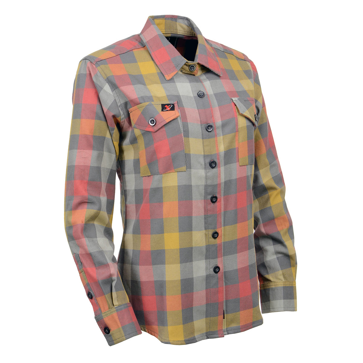 Milwaukee Leather women's long sleeve cotton flannel shirt in gray, red, and yellow with a button-up design and plaid pattern.