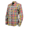 Milwaukee Leather women's long sleeve cotton flannel shirt in gray, red, and yellow with a button-up front and collar.